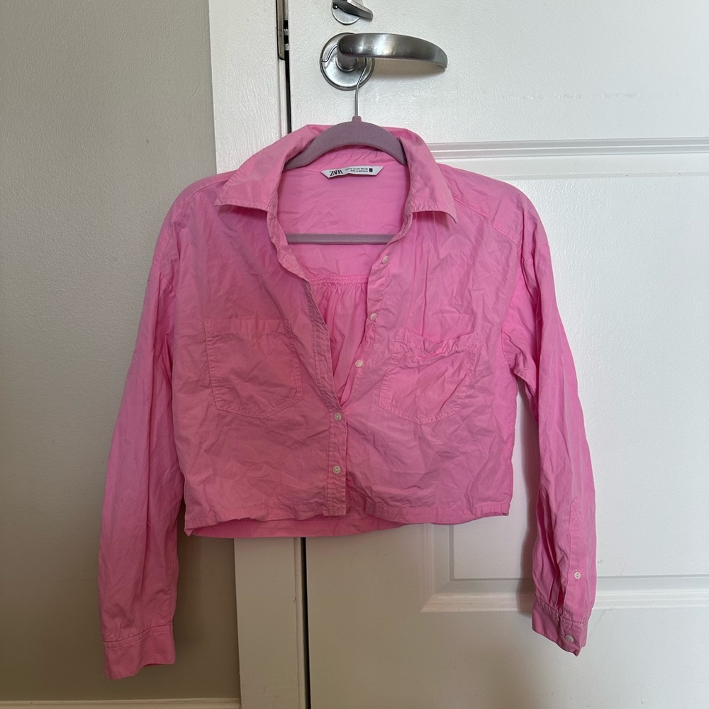 Zara Pink Button-Up Cropped Shirt